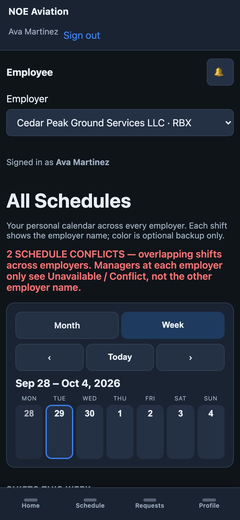 NOE combined calendar across employers with schedule conflicts flagged