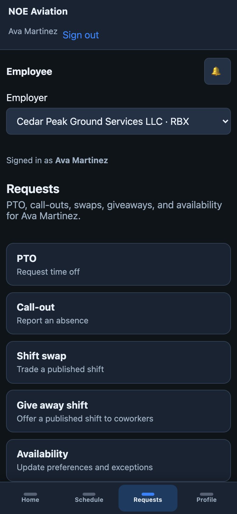 NOE employee requests on a phone